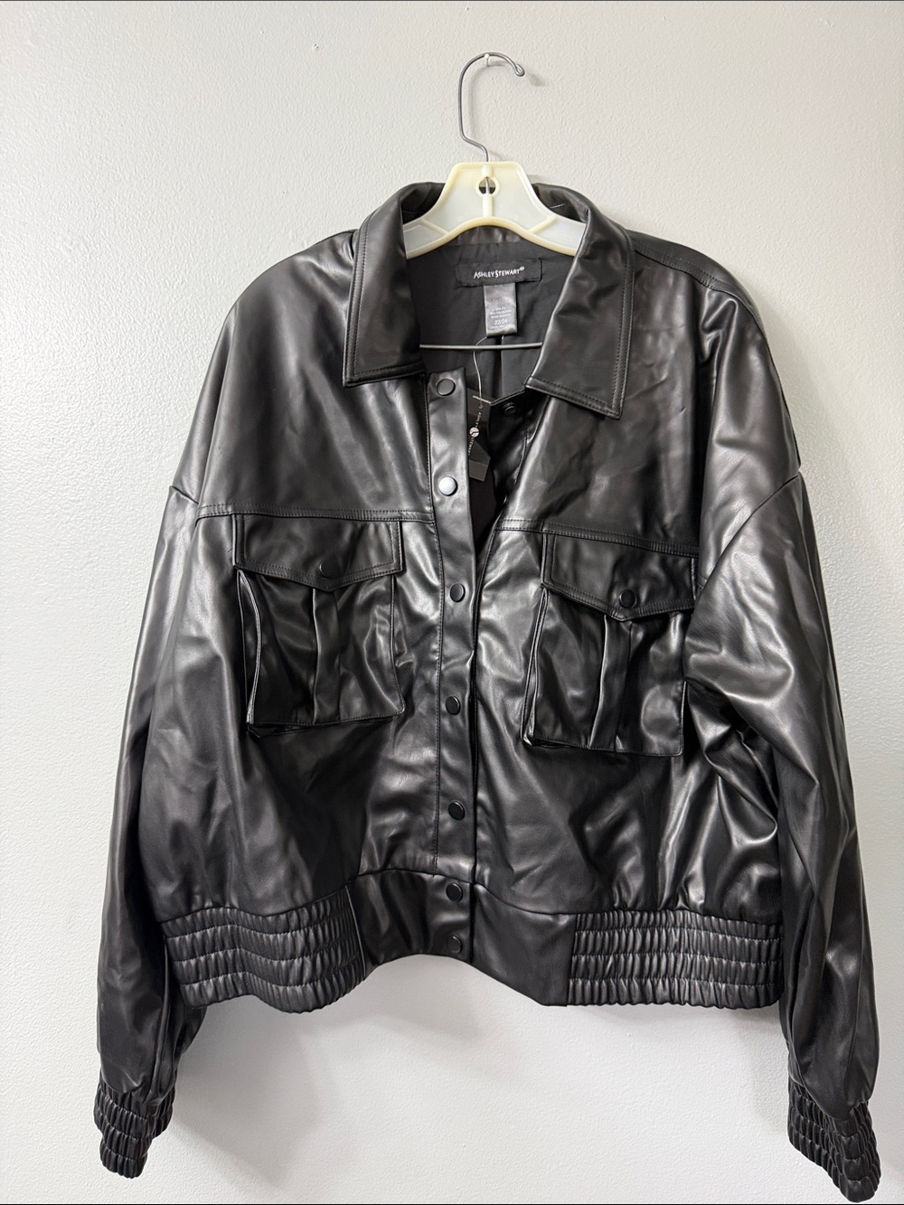 Ashley Stewart Black Faux Leather Snap-Front Jacket 22/24 NWT